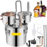 Alcohol Still, 5 Gallon, Stainless Steel Alcohol Distiller with Copper Tube & Build-in Thermometer & Water Pump, Double Thumper Keg Home Brewing Kit, for DIY Whiskey Wine Brandy